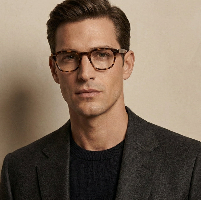 Man wearing glasses and a dark jacket against a beige background