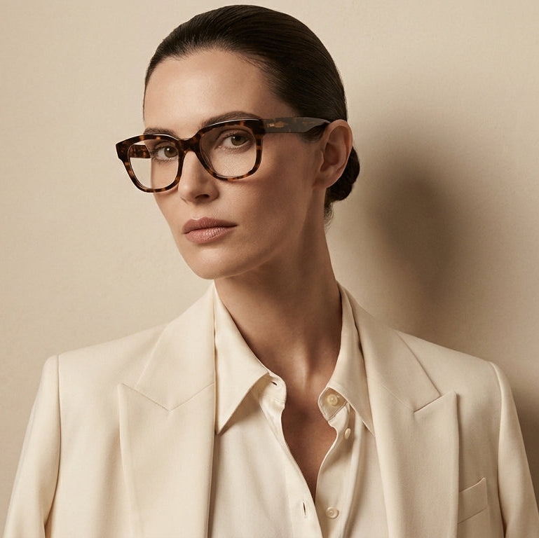 Woman wearing glasses and a beige blazer against a beige background